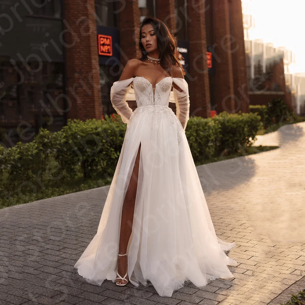 

Modern 2023 Lace Wedding Dresses Off Shoulder Sleeves Bride Sweetheart Bridal Gown High Thigh Slit Open Back On Sale