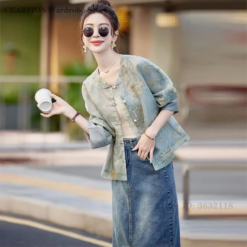 New Chinese Summer Ladies Tang Jackets Retro Style Embroidery Jacket Short Loose Fit Sun Resistant Small Top Traditional Wear