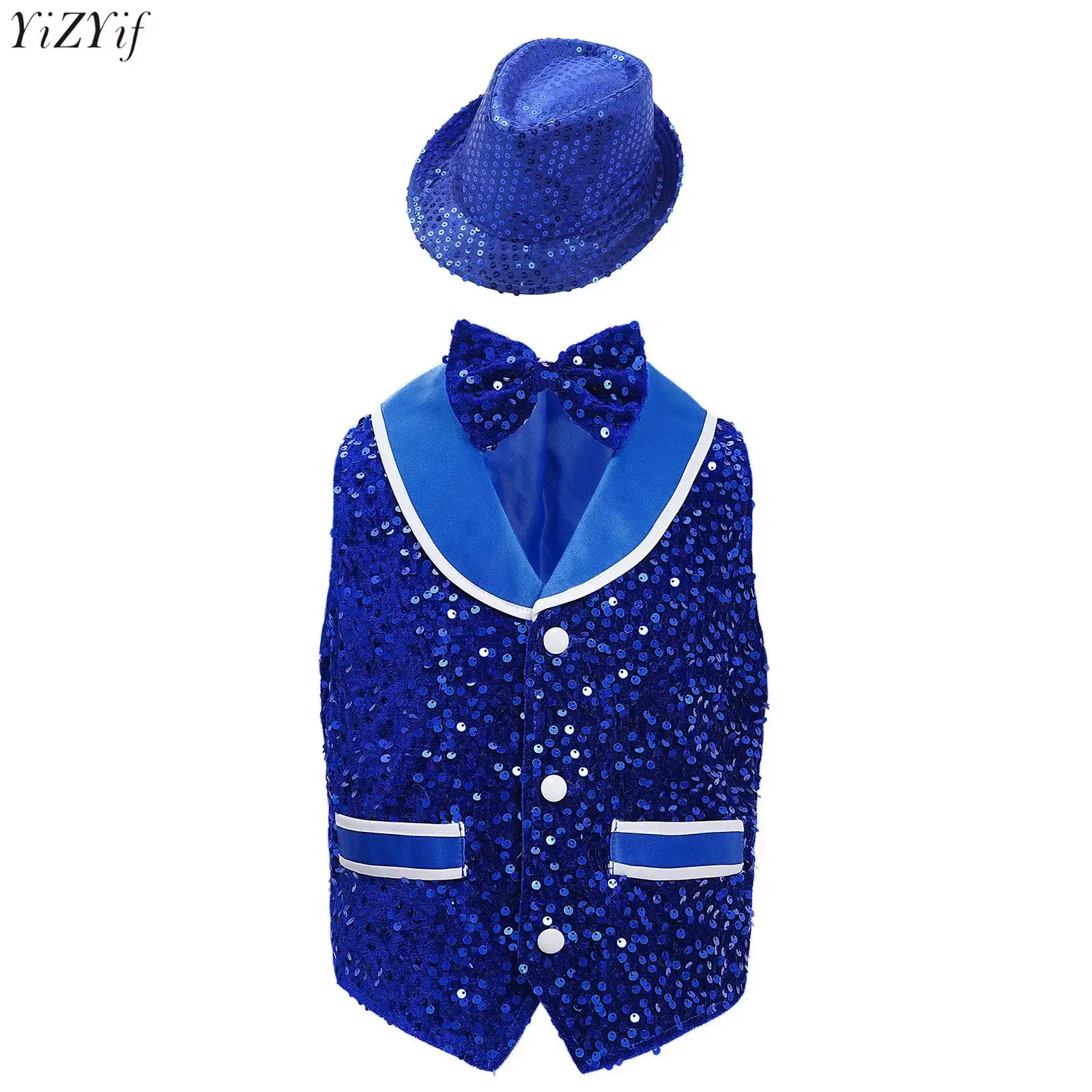 

Kids Boys Girls Jazz Dance Performance Outifit Gentleman Sparkling Sequins Velvet Vest Buttons Waistcoat+Bowtie+Hat 3Pcs/Set