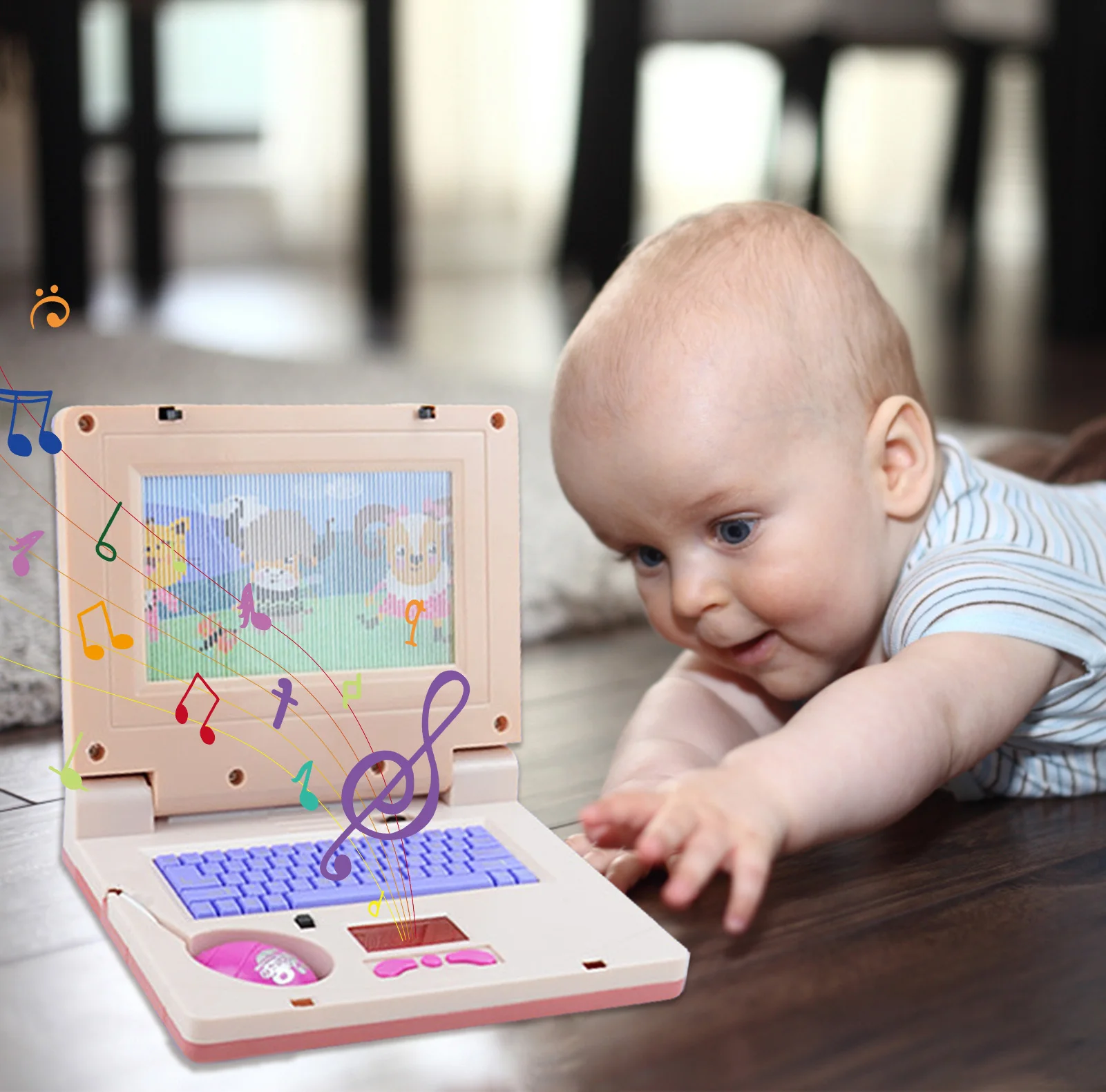 Komputer Laptop Bayi Kartun Portabel dengan Pola Layar Musik dan Bergerak Multifungsi Bayi Belajar Mainan Musik Komputer