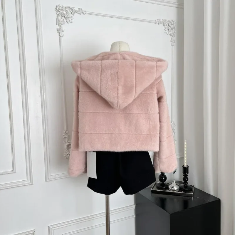 Women‘s Pink Hooded Furry Jacket Fluffy Stripe Solid Warm Thick Faux Fur Jacket Loose Luxury Elegant Fancy Plush Coats Faux Mink