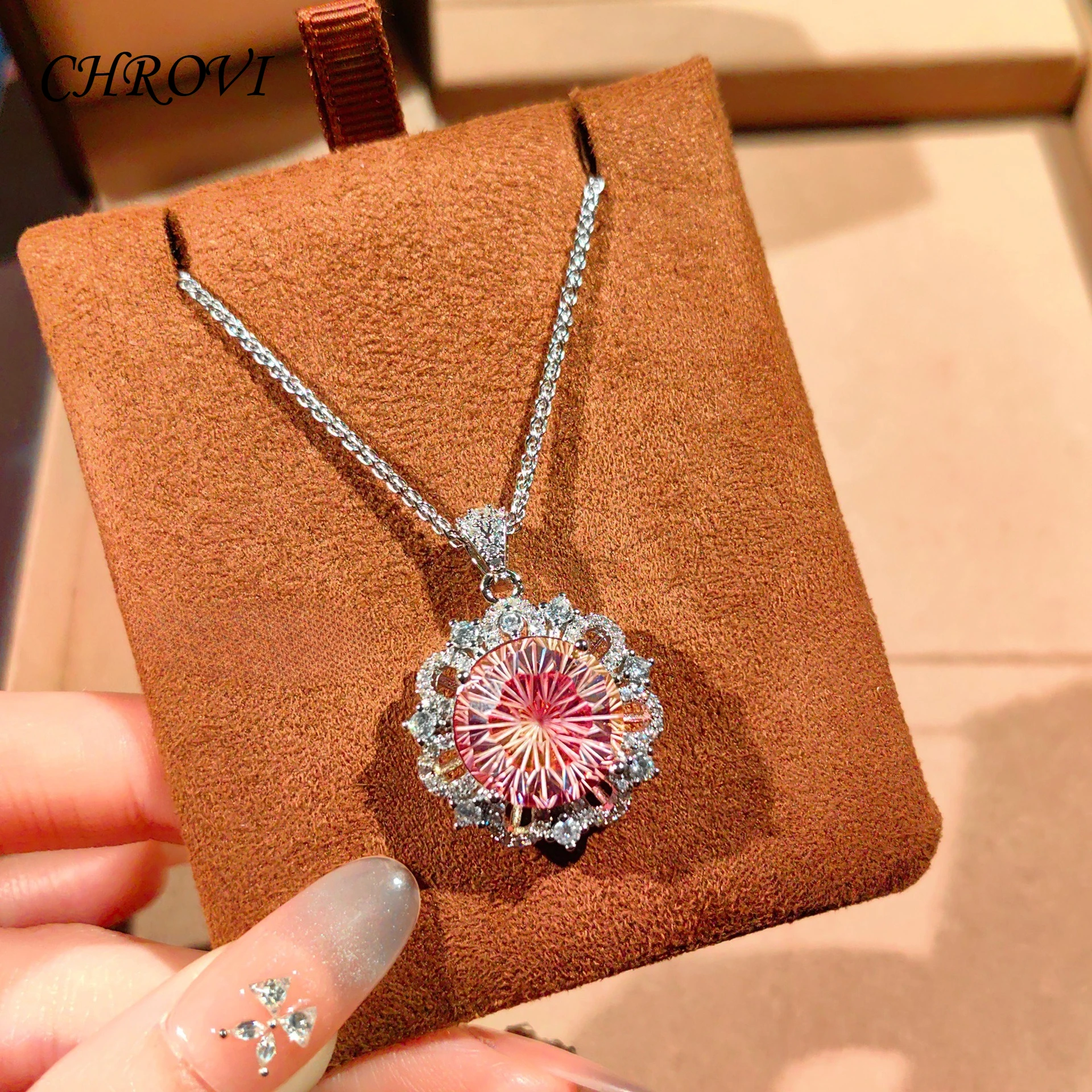 Luxuriöse 925 Sterling Silber Sonnenblumen-Feuerwerk-Schliff Halskette mit Edelstein-Schlüsselbeinkette für Damen Choker-Halskette – Detail 7
