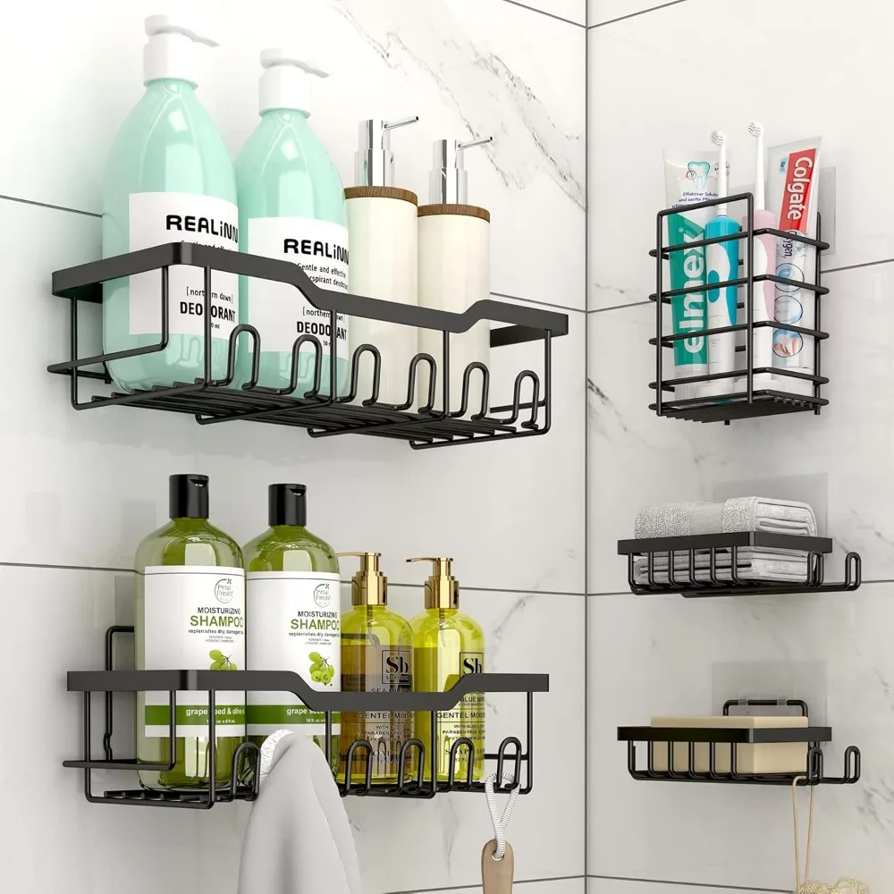 

Adhesive Shower Caddy, 5-Pack Rustproof Stainless Steel Shower Shelves, No Drilling Large Capacity Bathroom Shelf Caddy, Black