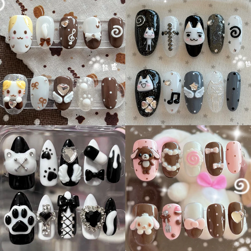 

Y2K Cartoon Anime Rilakkuma Rabbit Cat Handmade Wearable Press On Nails Wings Bowknot Cat Paws Glisten Stars Diamond Fake Nails
