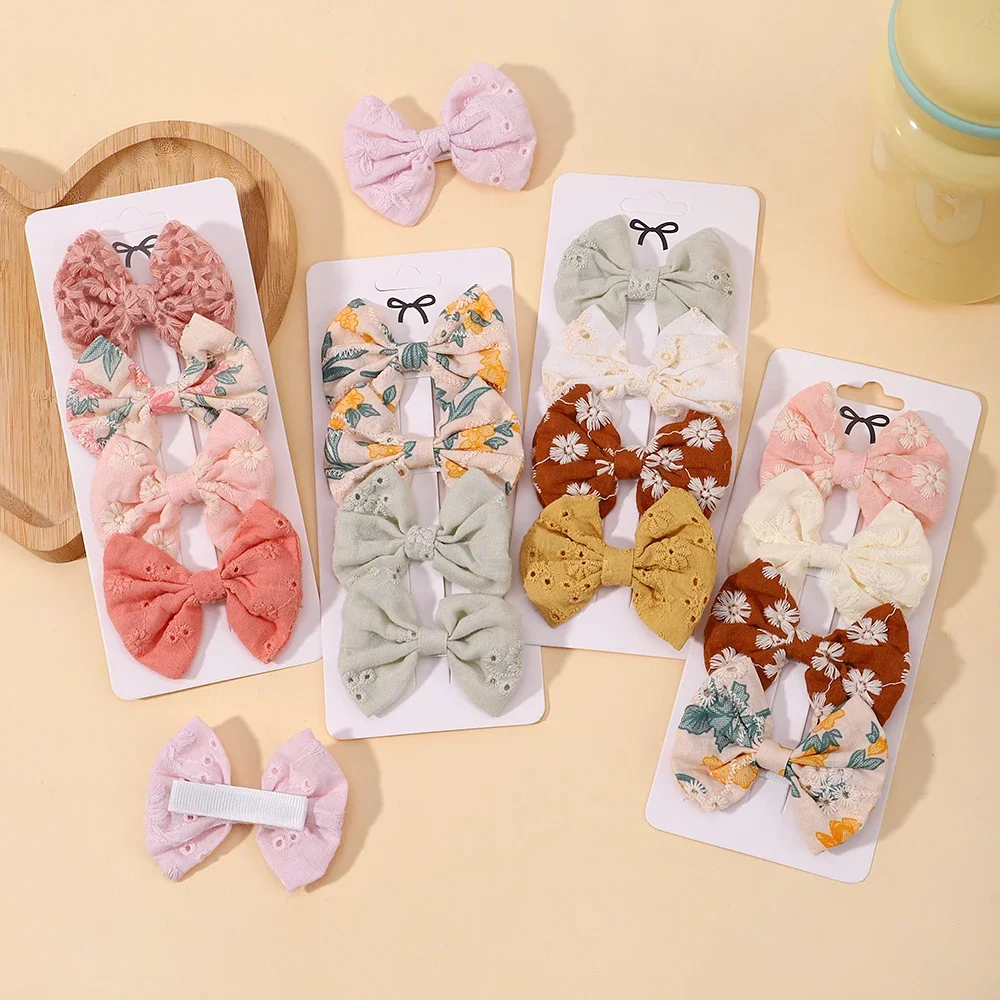 4Pcs/Set Lovely Cotton Bowknot Clips Safe Hairpins Girl Fresh Pastoral Hairclips Baby Hair Accessories Kids Print Hairgripe Gift