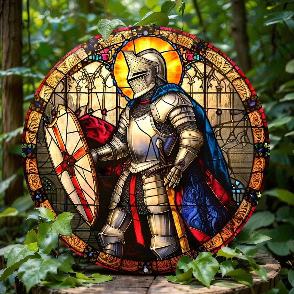 

Medieval Knight Themed Wreath Sign, Round Aluminum Metal Decor, Home Wall Decoration, Father's Day Perfect Gift