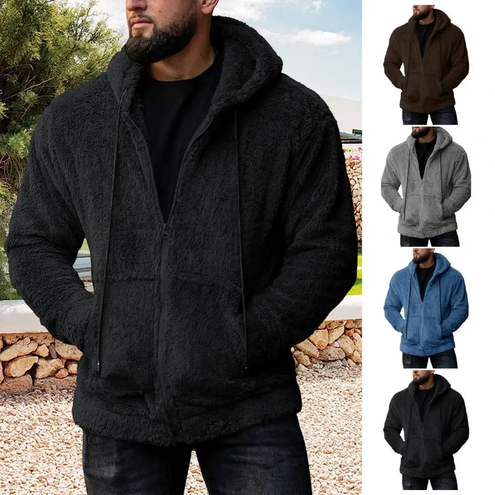 Winter Outdoor Coat Men's Winter Hooded Sweater with Zip-up Drawstring Pockets Thick Plush Solid Color Cardigan for Outdoor