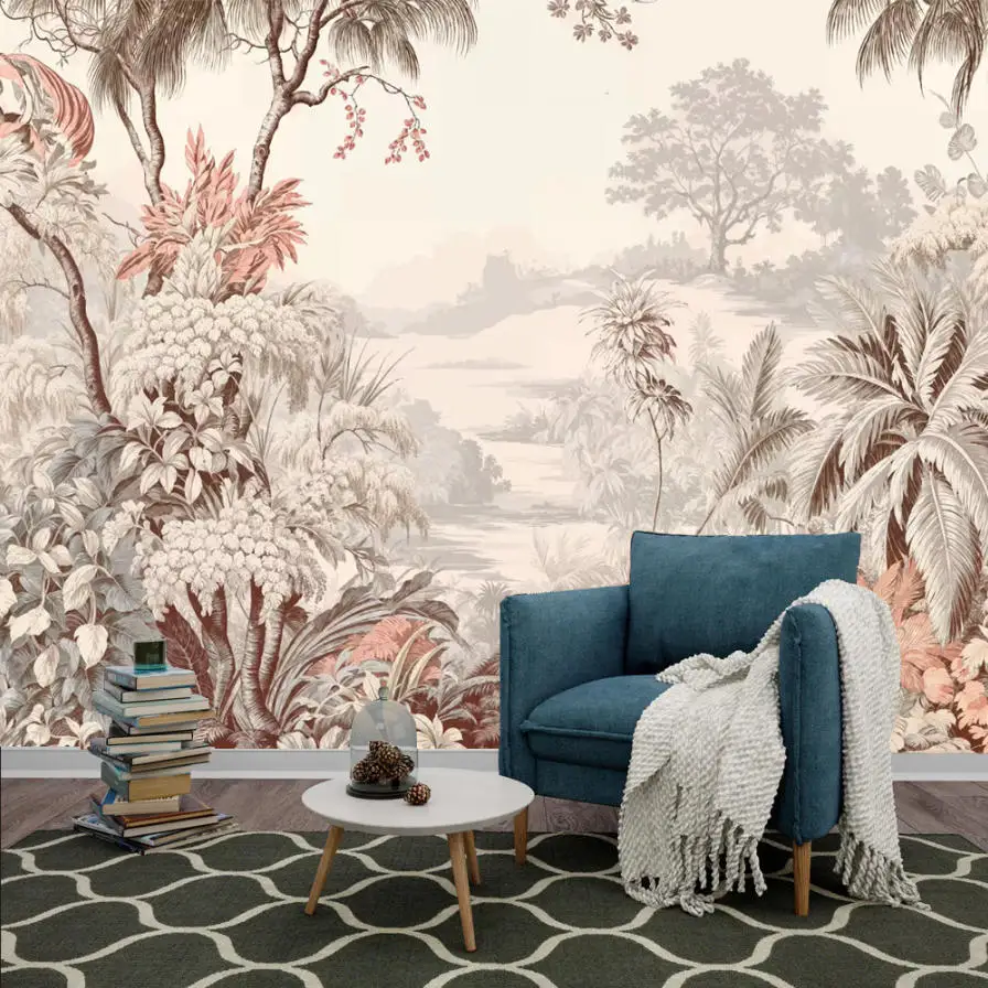 Customized Size Mural Vintage Southeast Asian Tropical Rainforest Banana Tree Palm Leaf Decorative Painting 3D Wallpaper Woods