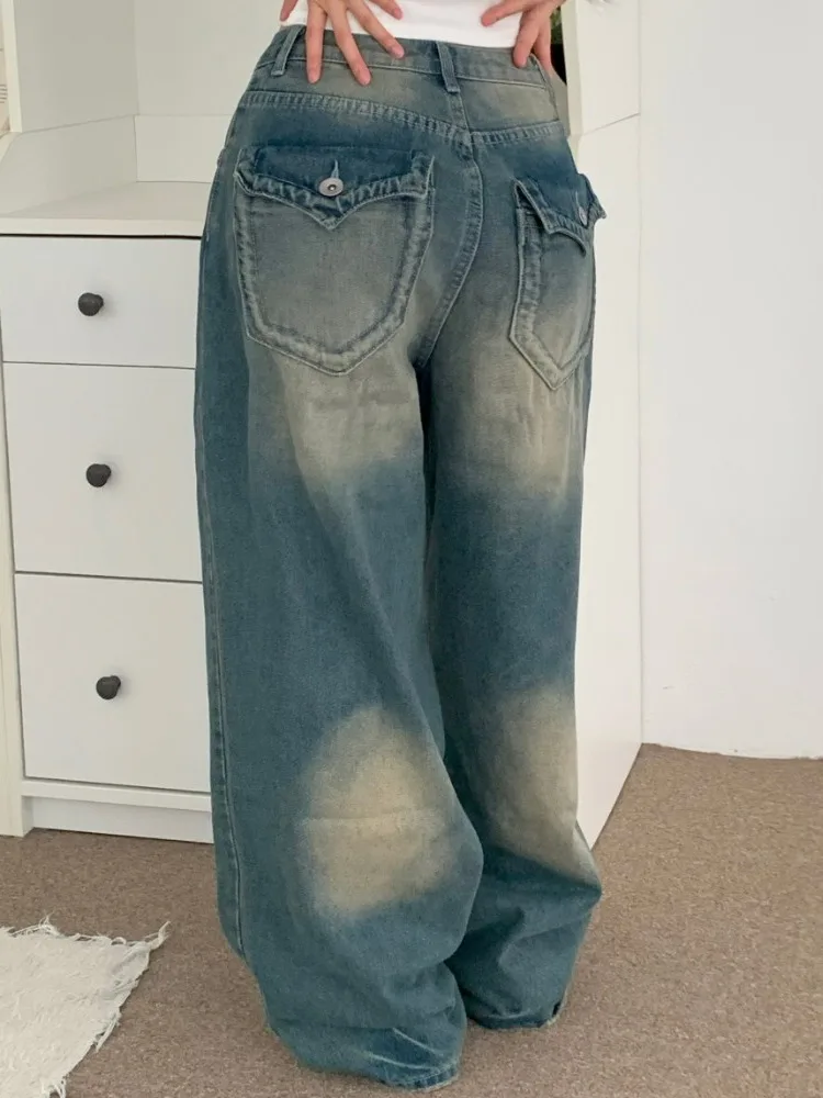 

Waed Vintage Denim Pants Loose Wide Leg Casual Versatile Women's Faion Spring Autumn Winter No Brand Commute Sle