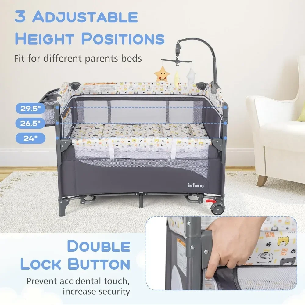 Pack and Play, 5 in 1 Baby Bedside Sleeper with Bassinet, Diaper Changer, Mattress, Carry Bag, Music Box Hanging Toys (Bear) image 4