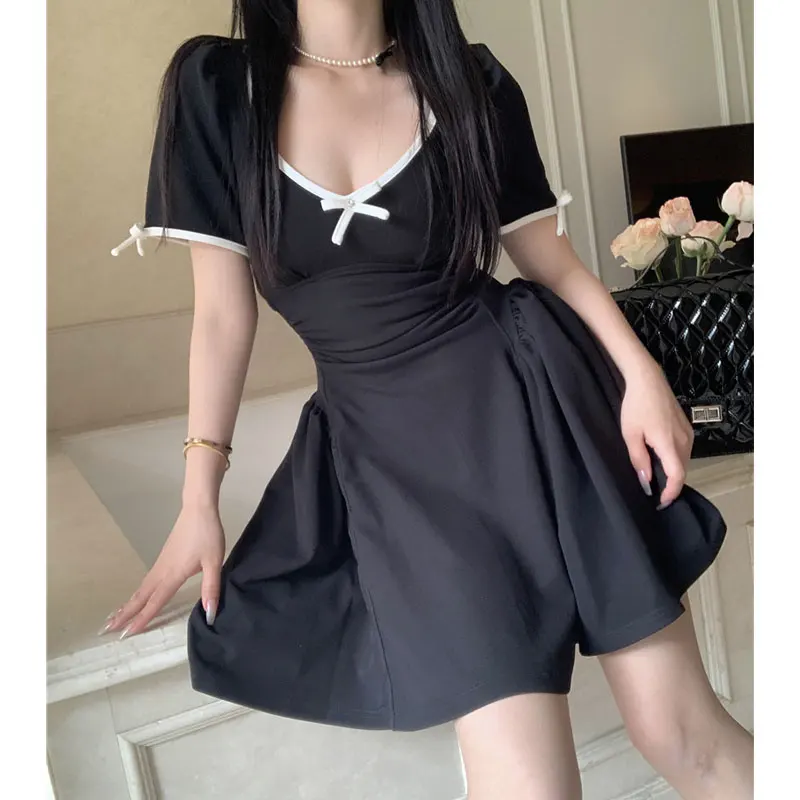 Summer Sweet Y2k Black Mini Dress Sexy V Neck Women Party Backless Bow Dress Retro Hollow Out Dress Korean Vestido Sundress