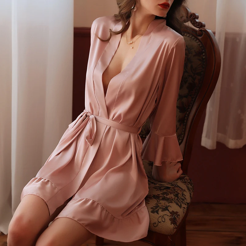 Temptation Private Room Sexy Pajamas Pure Desire Imitation Silk Lotus Leaf Cuffs Cardigan Robe Nightgown Nightgown