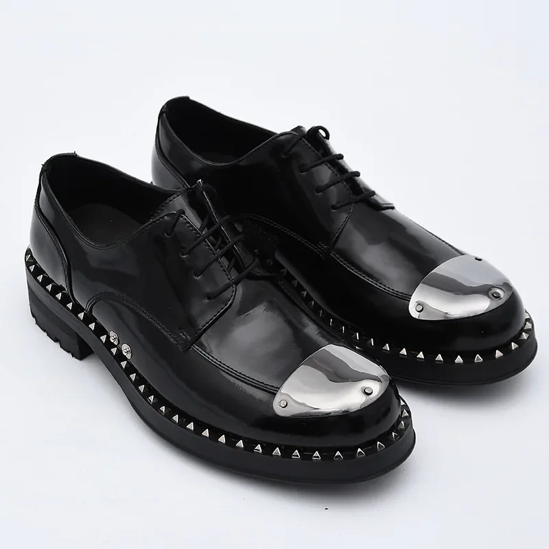 British Fashion Trend Men Genuine Leather Casual Shoes Platform Casual Sneakers Punk Rivet Metal Design Men Derby Shoes Flats