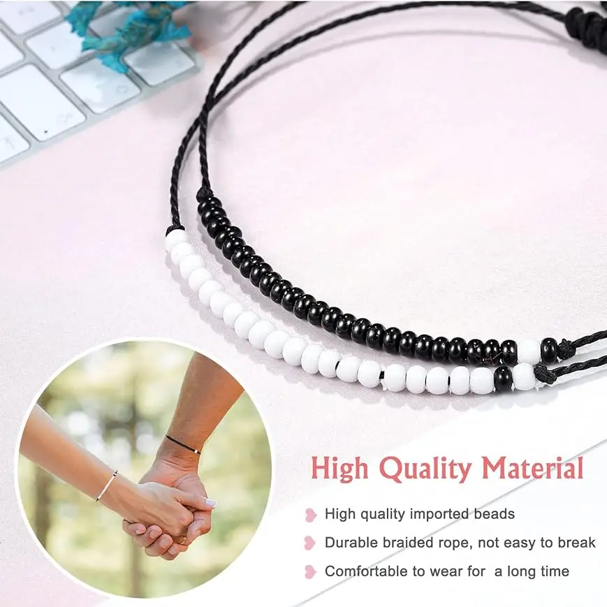 DAVINI 1set Morse Code Black White Bead Set Couple Bracelet Pinky Promise Beaded Adjustable Braided Bracelet Jewelry view 6
