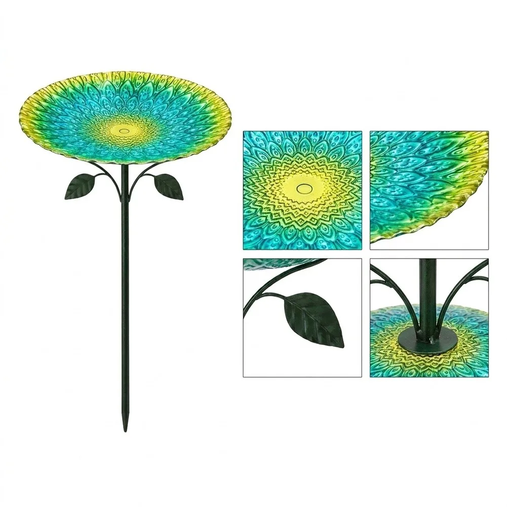 Peacock Green Outdoor Bird Water Feeder 83cm Tall 24.5cm Round Tray with Secure 3-Prong Stake for Yards Patios Courtyards