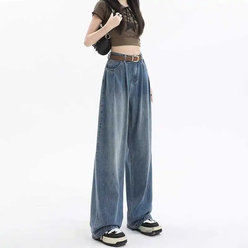 High Waist Wide Leg Denim Jeans Women's Folded Design Slimming Hip Covering Vintage Early Autumn New Style Floor-Length Pants