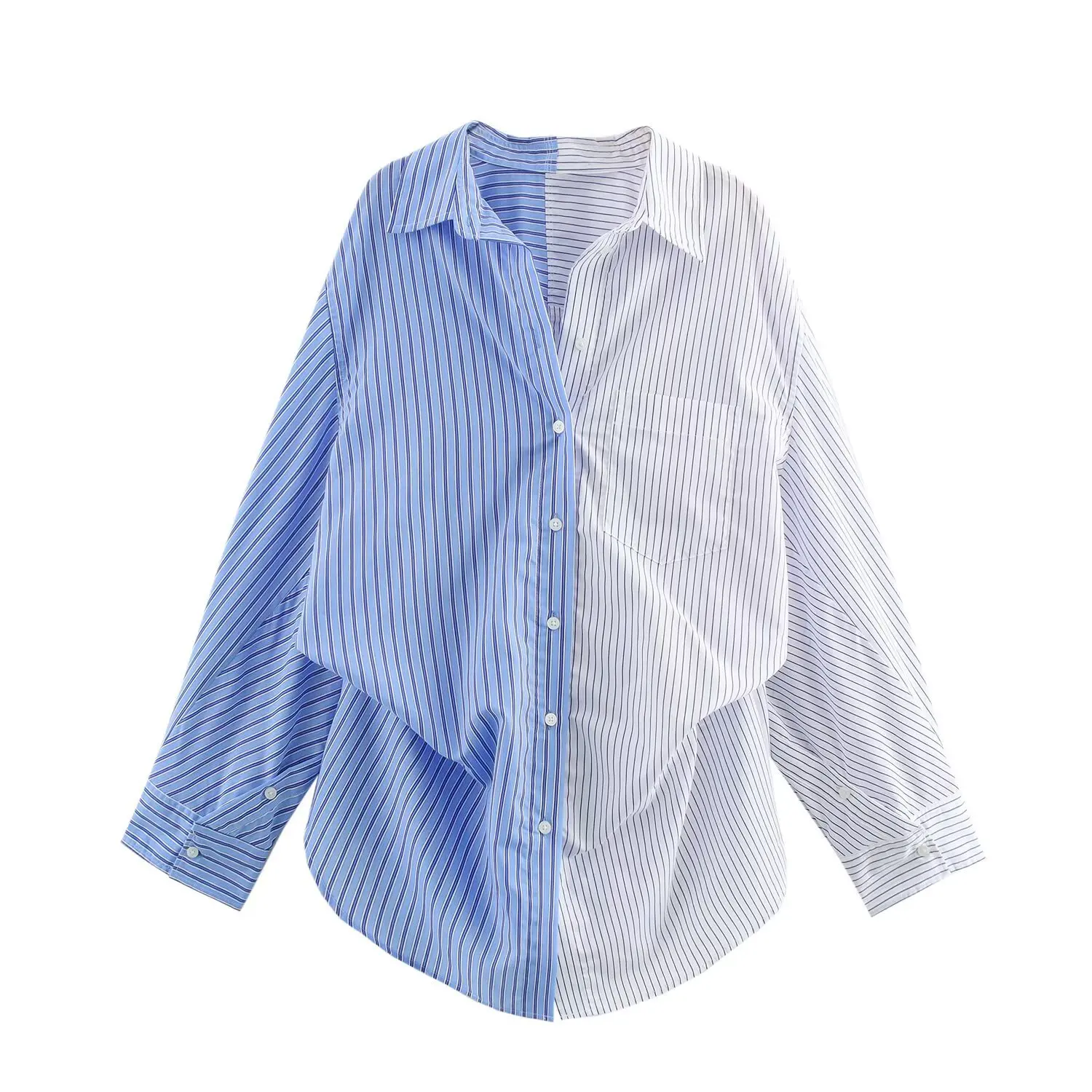 Sprin New Women's Patchwork Striped Poplin Loose Collar Shirt European Style Multicolour Button Up Shirt Women Summer Top