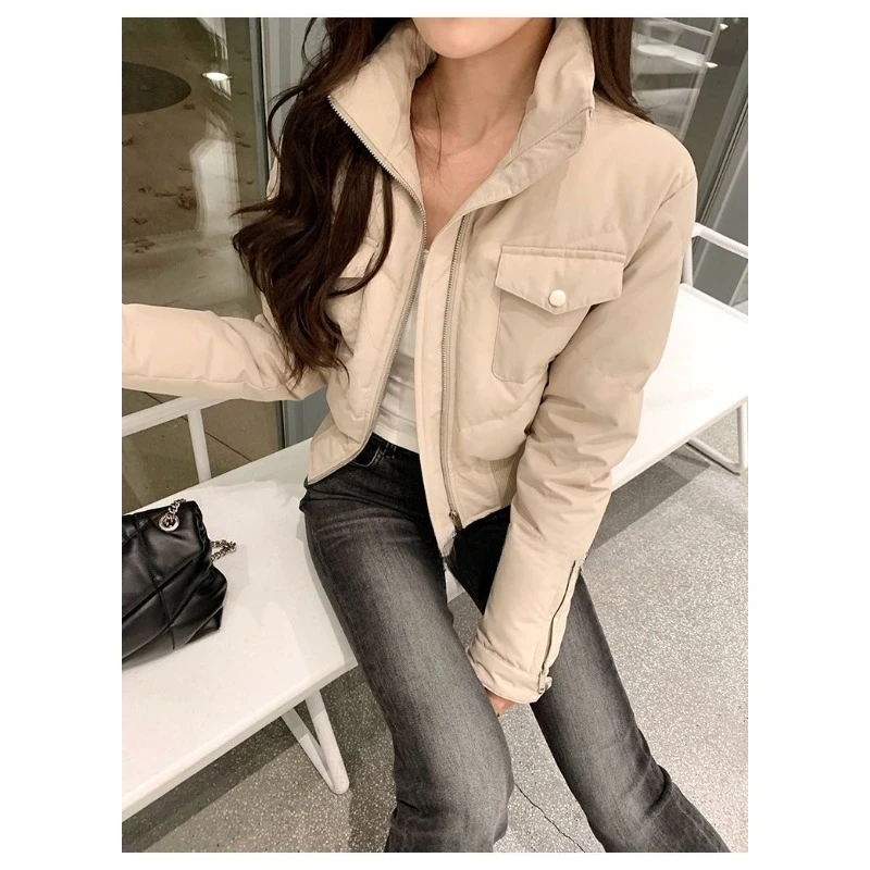 Cotton-padded Clothes Female Sense of Design Minority Waist in Stand-up Collar Motorcycle Jacket 2024 Winter New Bomber Jacket