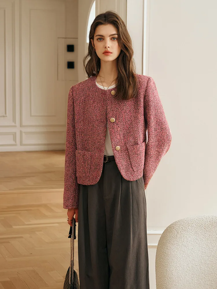 

OLrain Women's Tweed Short Jacket Luxury Loose Fit Wool Jackets Spring 2026 Elegant Full Sleeve Patchwork Ladies Coat O57QW95860