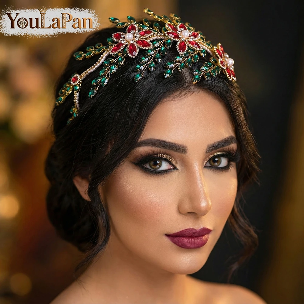youlapan-ファッション赤色ラインストーンフラワー花嫁ヘアフープ緑色ヘッドバンド結婚式のヘアアクセサリーパーティー-a414-hp1003