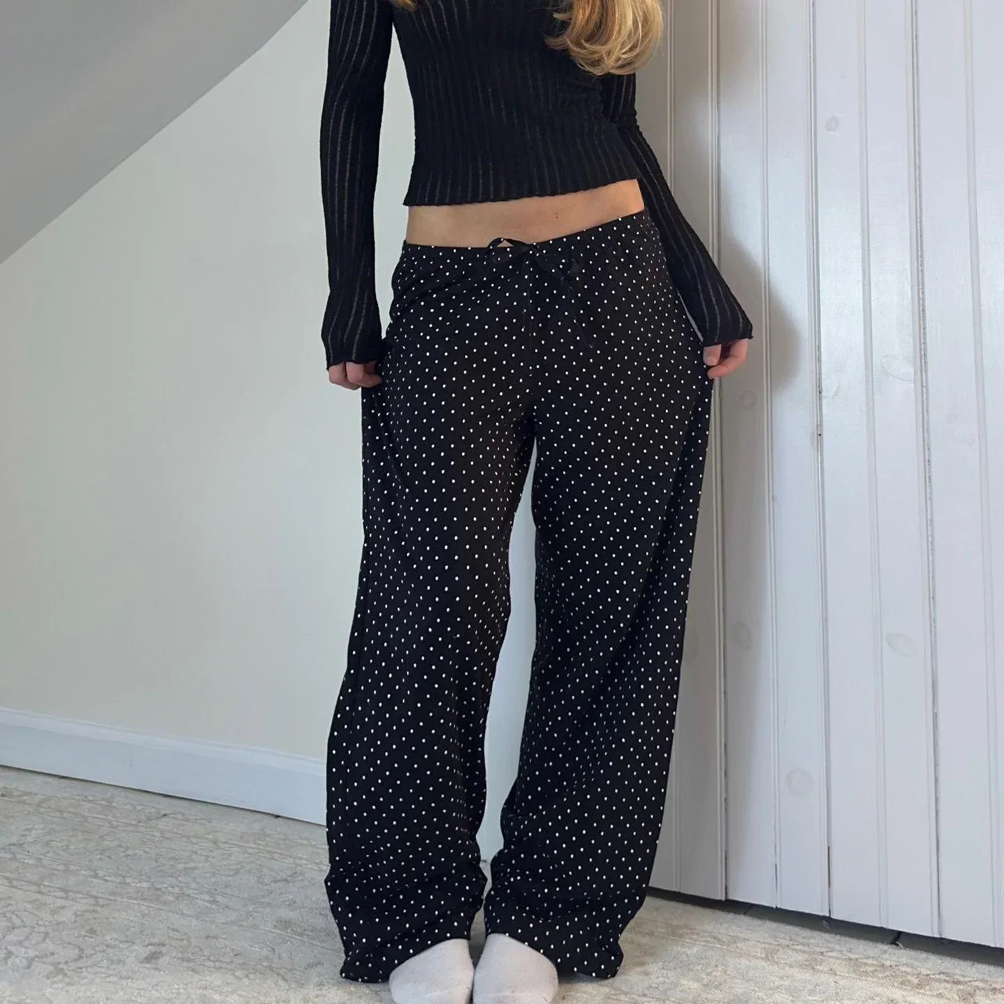 Y2k Aesthetics Polka Dot Printing Drawstring Pants Low Waist Straight Leg Length Trousers Women's All Season Bottoms