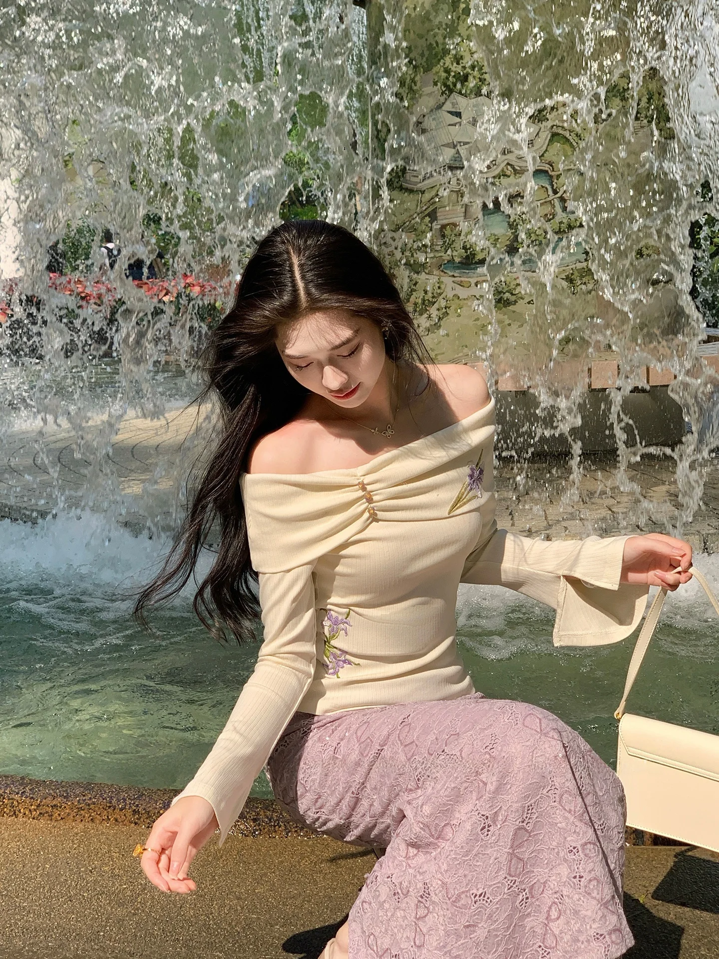 Falda Larga de Encaje con Bordado de Cintura Alta Lingan Zhihe, Color Rosa, para Mujer, Estilo Francés, Elegante, para Principios de Primavera