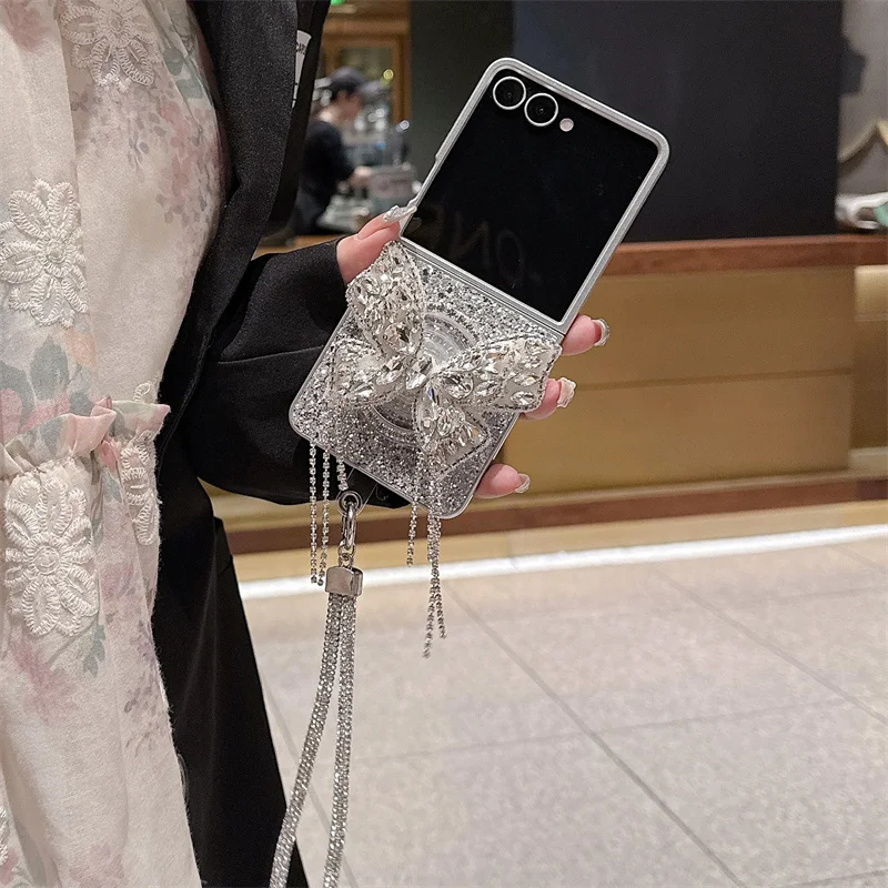 

Luxury Silver Glitter Magnetic Phone Case For Samusung Galaxy Z Flip 7 6 5 Flip6 Flip7 FE Cover with Magsafe Stand Holder Chain