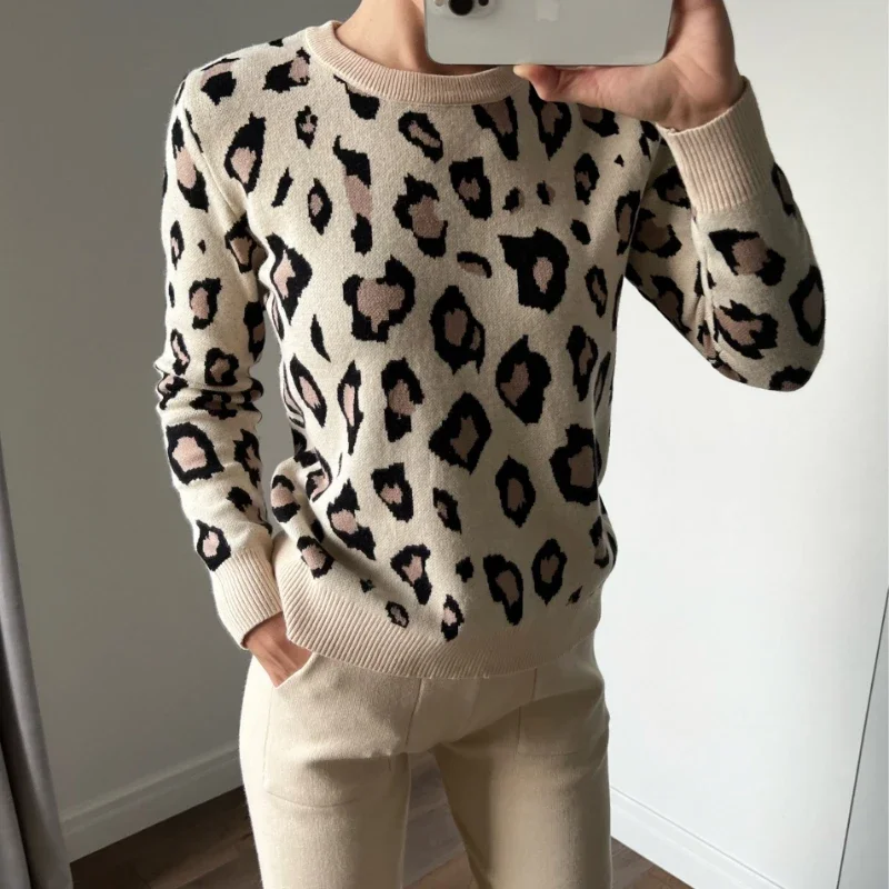 Fashion Retro Women Knitted Suits Leopard Long Sleeve O-neck Sweater + Lace Up Waist Pocket Harem Pants Korean Sets