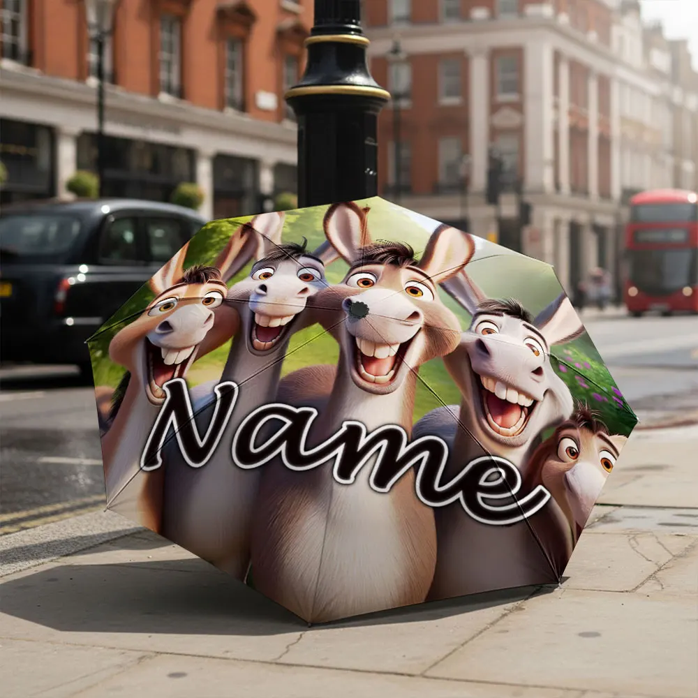 Custom Name Umbrella Group Of Cartoon Donkeys Laughing Print Folding Umbrella Compact Portable Travel Parasol For Animal Lovers