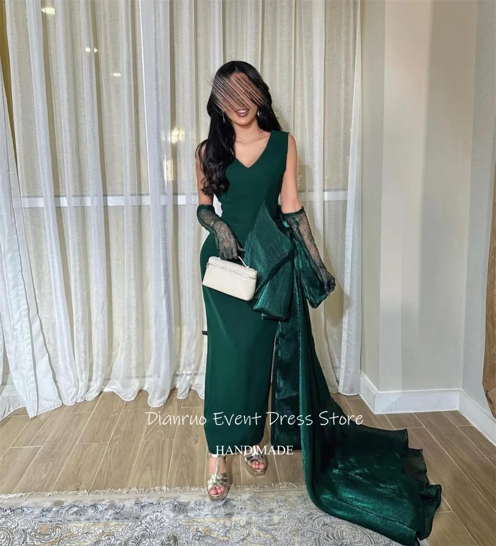 Dianruo Ärmellose V-ausschnitt Lange Abendkleider Elegante Schleife Meerjungfrau Saudi Prom Kleider Charming Satin Abendkleider Dubai Angepasst