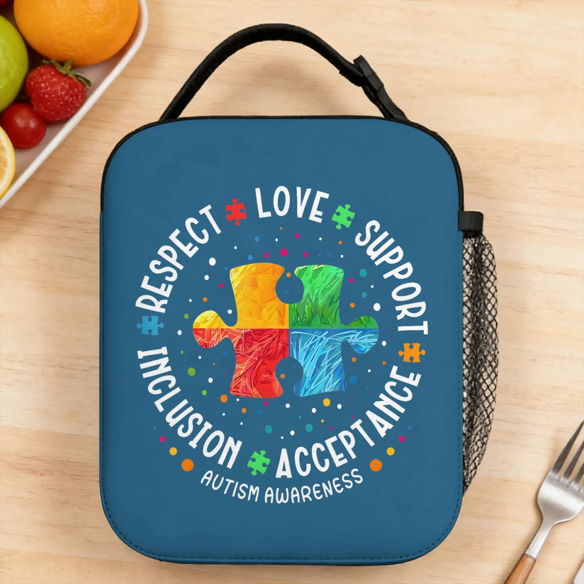 Autism Awareness Respect Love Support Blue Autism Lunch Bag Kawaii Lunch Box For Girls Cooler Bag Oxford Thermal Tote Handbags