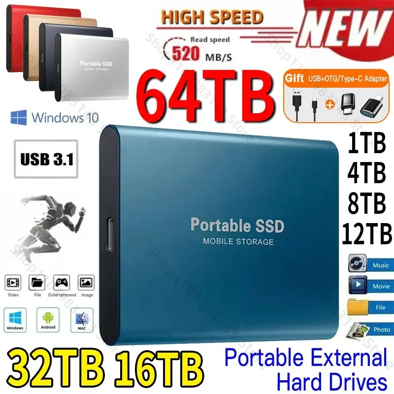 

1TB Portablel hard drive SSD 2TB External Solid State Drive USB 3.1/Type-C Hard Disk High-Speed Storage For PC/Mac/Phone/Laptop