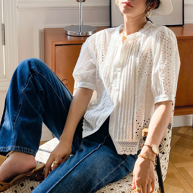 Embroidered Bohemian Women\'s Casual Shirt 2024 Spring/Summer Vacation Hollow Out Ruffled Blouse Women Clothes