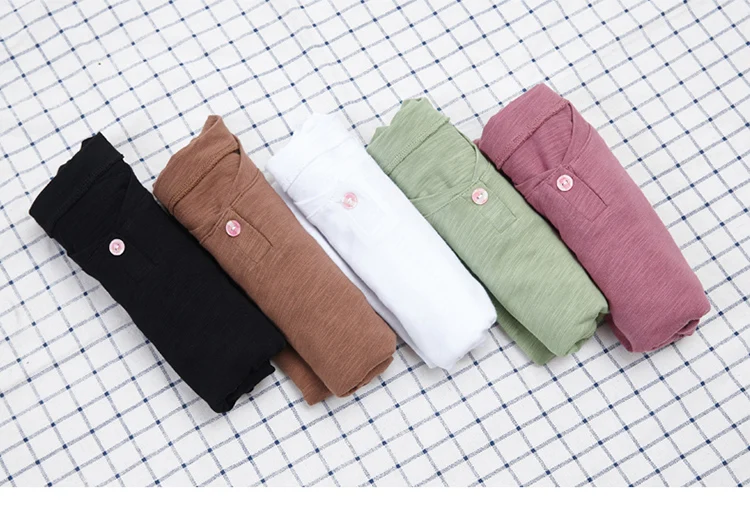 2026 Langarm Frühling Damen Slub-Baumwoll-T-Shirts mit Knöpfen, grüner V-Ausschnitt, einfarbiges T-Shirt, kaffeefarben, koreanische weiche, lockere Oberteile – Detail 27