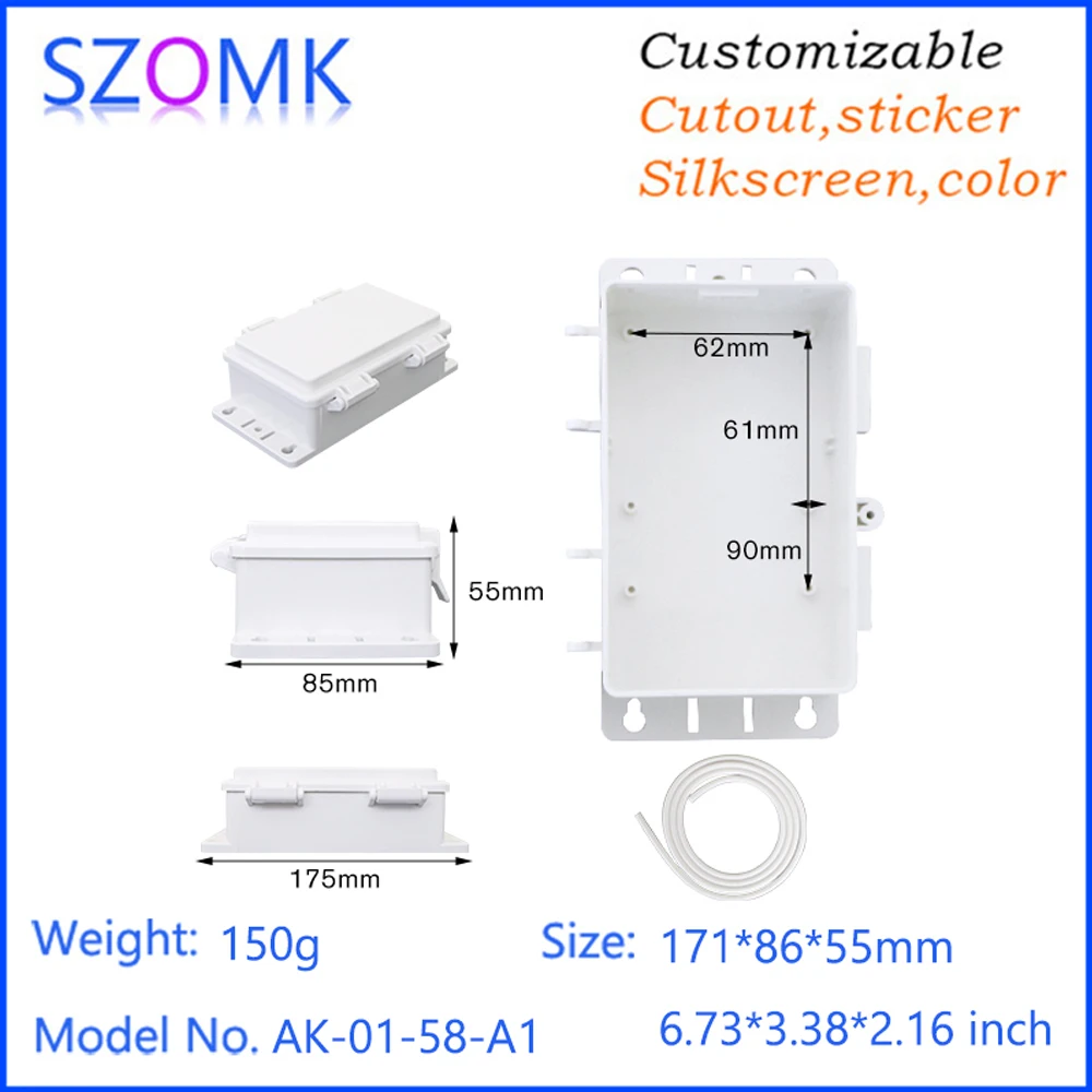 SZOMK AK-01-58 131*82*45mm Custom Ip66 Waterproof Plastic Abs Hinged-Cover Enclosure Case