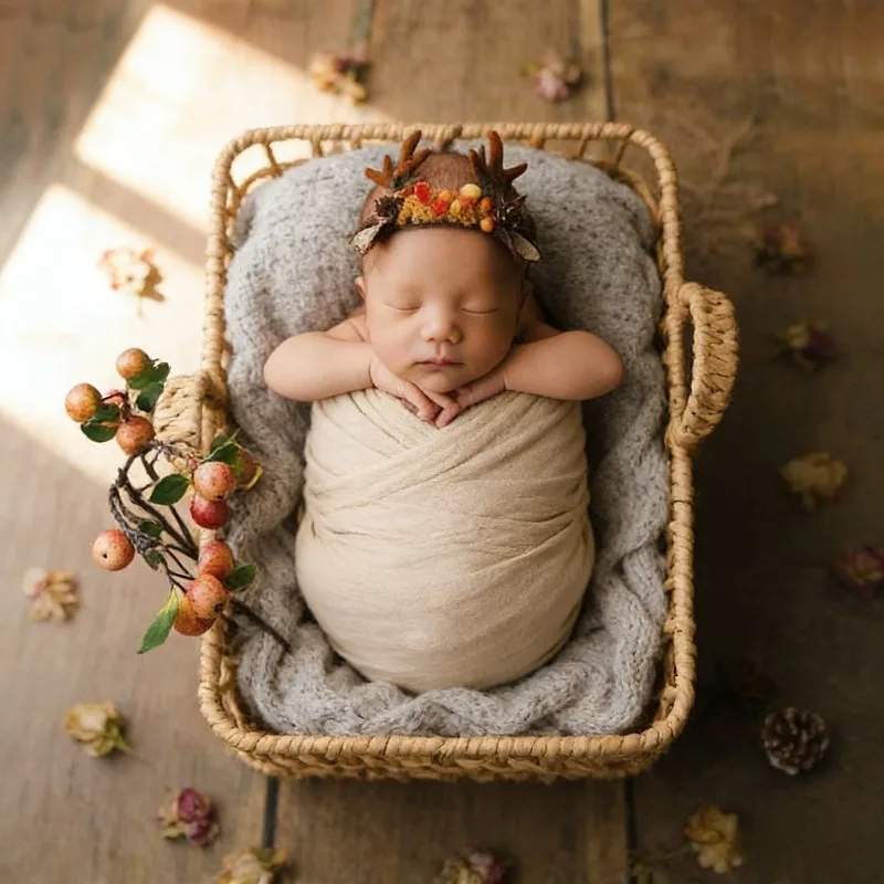 

Newborn Photography Props Vintage Woven Basket Baby 100 Days Photo Shoot Studio