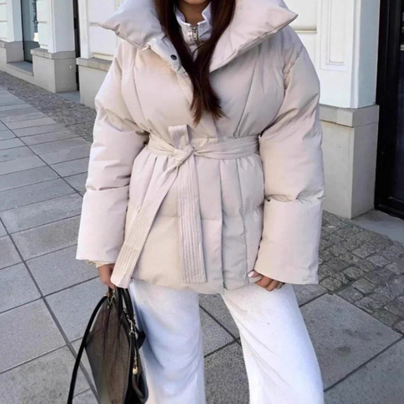 Women Solid Lace Up Cotton Coat Fashion Lapel Long Sleeve Warm Pocket Loose Short Coats New Lady Winter Commute Street Outwears