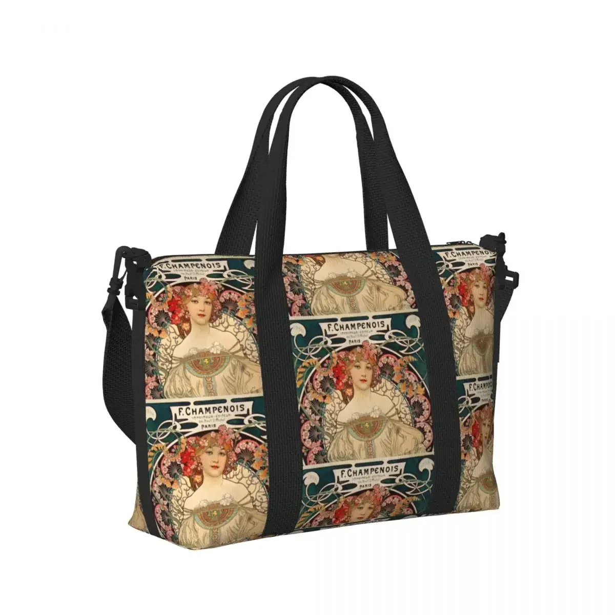 F. Champenois By Alphonse Mucha Beach Travel Bag Large Capacity Tote Bags for Gym Sport Women Shopping Duffle Shoulder Bag