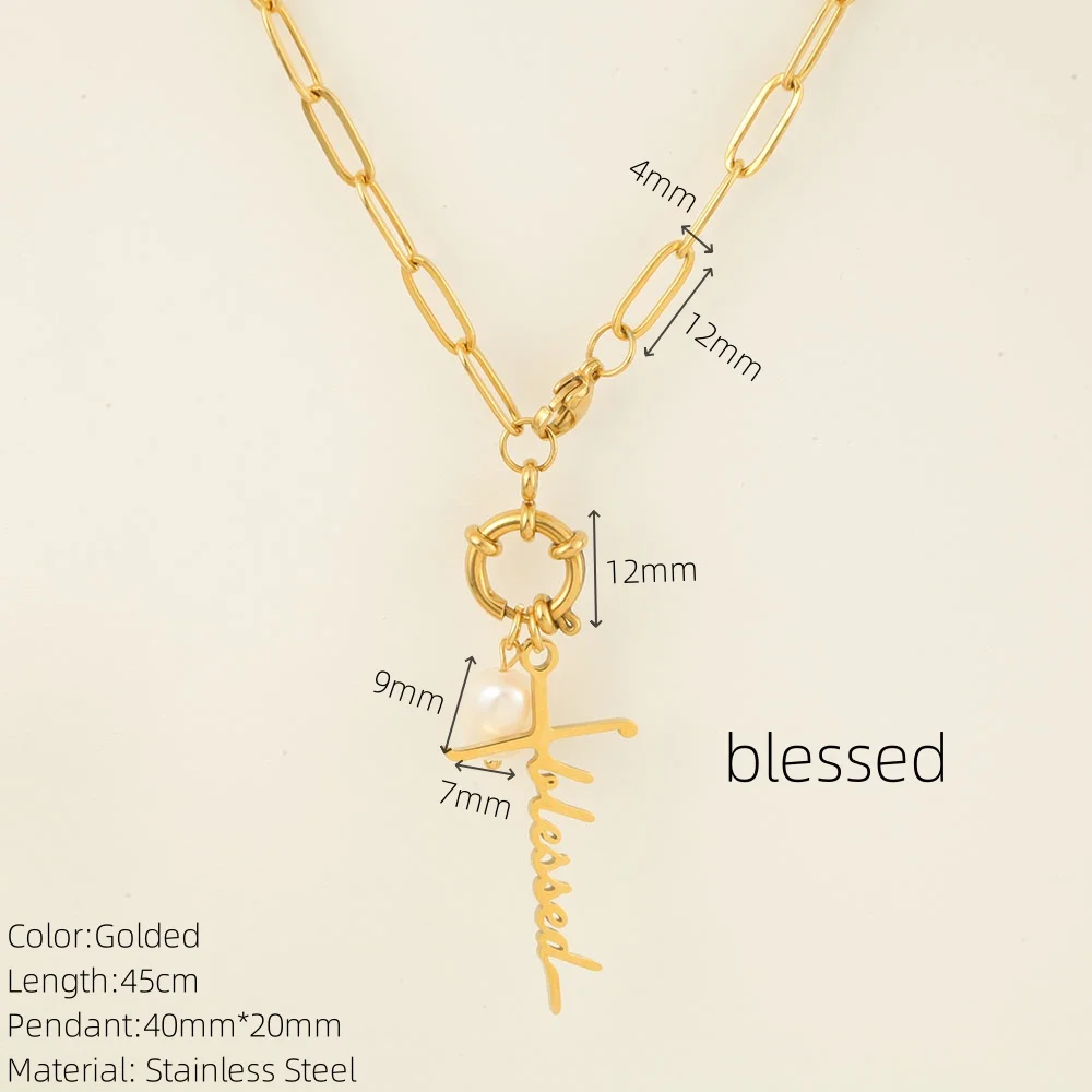 Golden Choker Women Pendant Necklace Spring Buckle Chain Freshwater Pearl Cross Pendants Women\'s Stainless Steel Jewelry Gifts