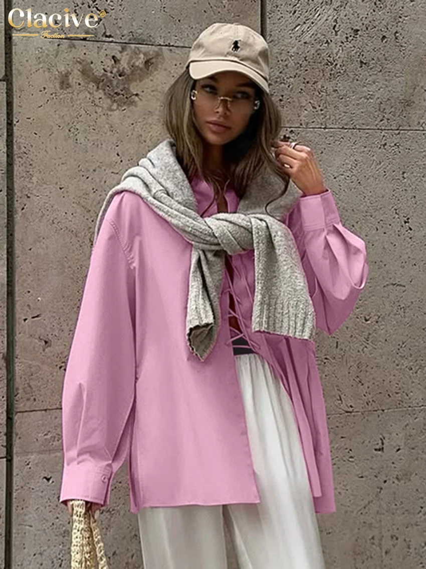 

Clacive Fashion Loose Pink Cotton Women's Shirt Sexy Loose Lapel Long Sleeve Blouse Elegant Classic Bandage Top Female Clothing
