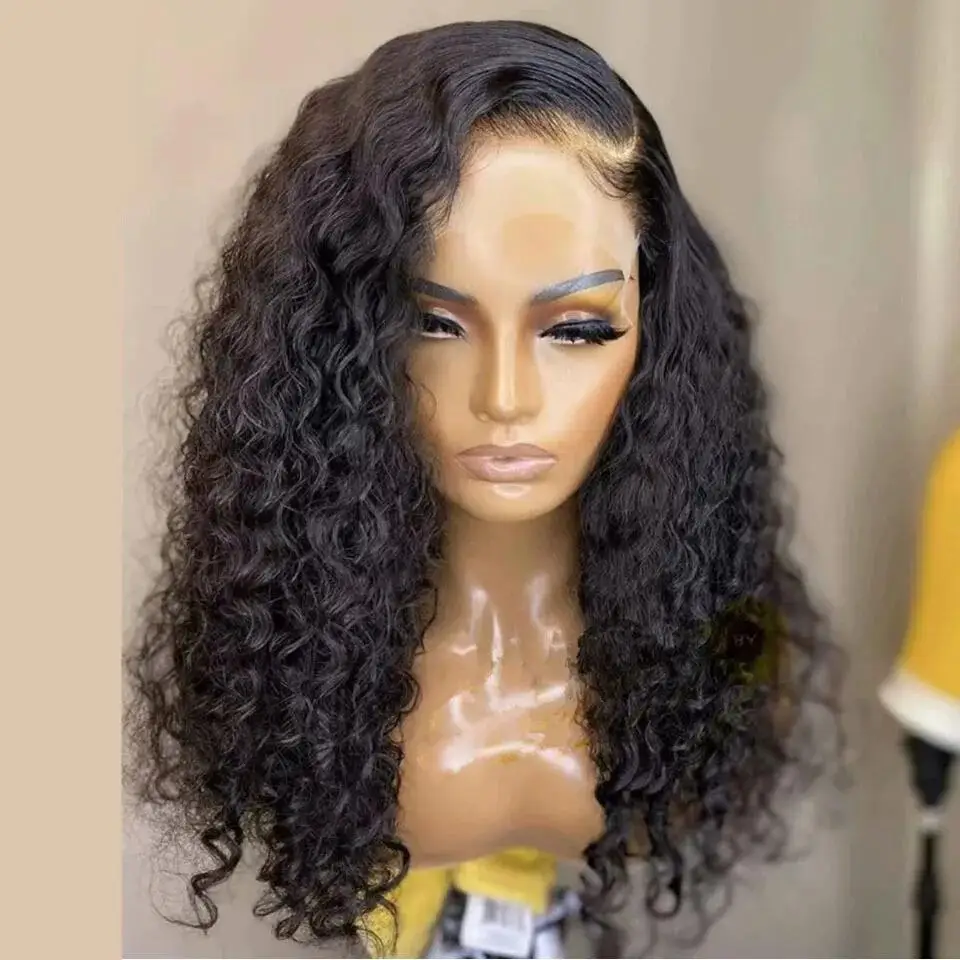 Perruque Lace Front Wig sans colle bouclée crépue pour femme, cheveux de bébé, densité 180, noir naturel, doux, long, degré de chaleur, préplumé, 03/3