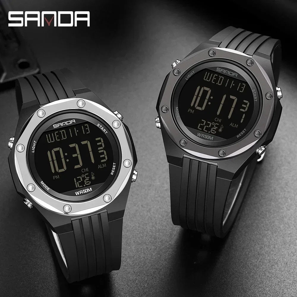 SANDA 6028 New Thermometer Environment Single Core Display Alloy Case Electronic Men's Watch Digital Watch 2024