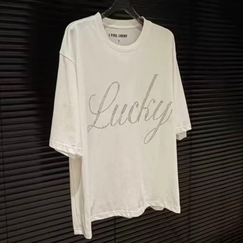 Summer Handwritten Letter Hotfix Rhinestone LUCKY Tshirts Casual Loose Men Women Round Neck Short Sleeve Black White Streetwear
