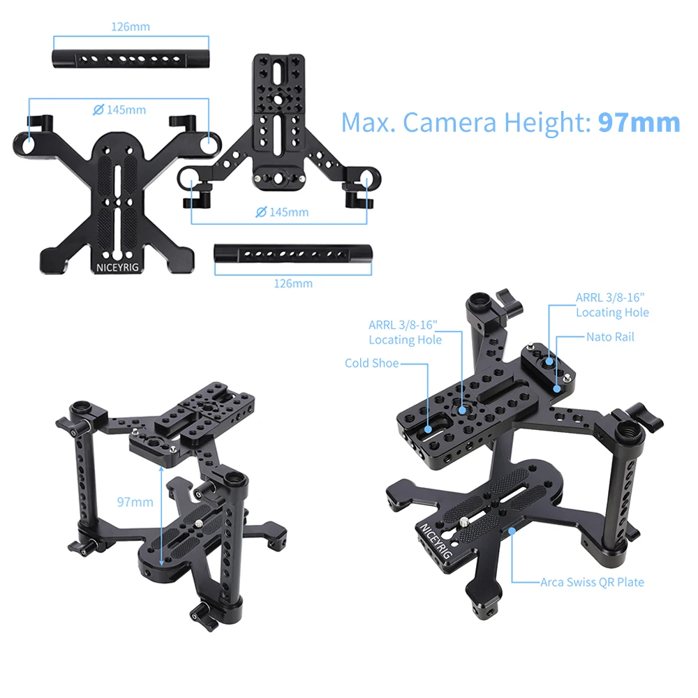 NICEYRIG Universal 4-Claw Camera Cage Kit for Mirrorless Cameras Supports Top Handle,Side Handle,15mm Rods,NATO Rail,Arca-Swiss