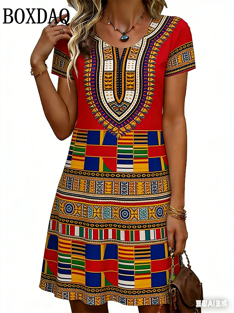 

Elegant Plus Size Women's O-Neck Striped 3D Printed Short Sleeve Dresses Loose Fashion Summer Casual Ethnic Style For Women 2026