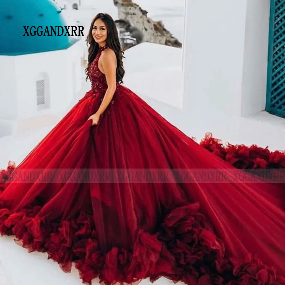 Customized Burgundy Quinceanera Dresses 2024 Halter Wine Red Ruffle Ball Gown Princess Vestido De 15 Quinceañera Sweet 16 Dress