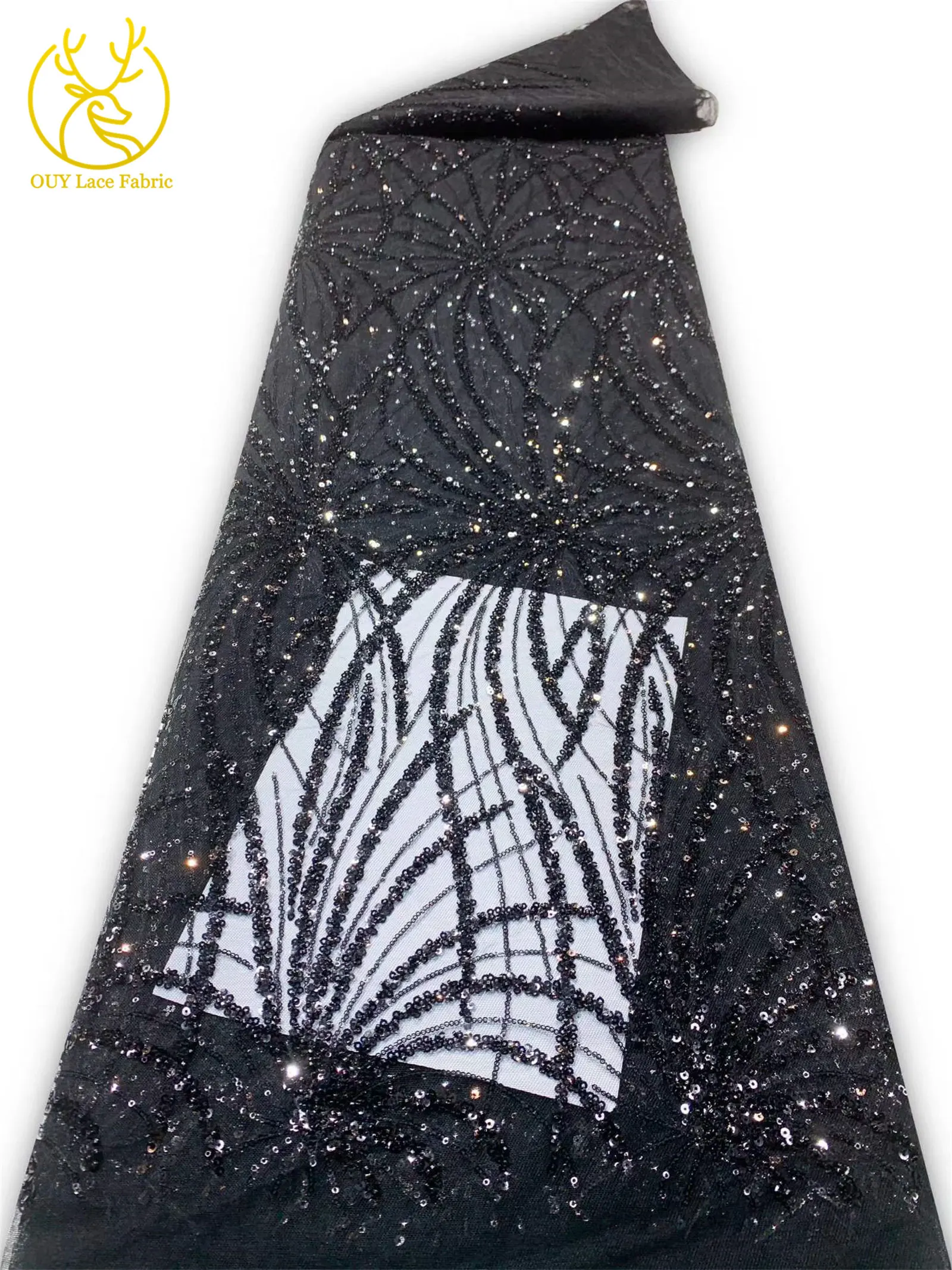 Grüner afrikanischer Perlen-Pailletten-Spitzenstoff, heiß begehrter französischer nigerianischer Tüll-Mesh-Stickerei-Spitzenstoff für Abendkleider – Detail 7