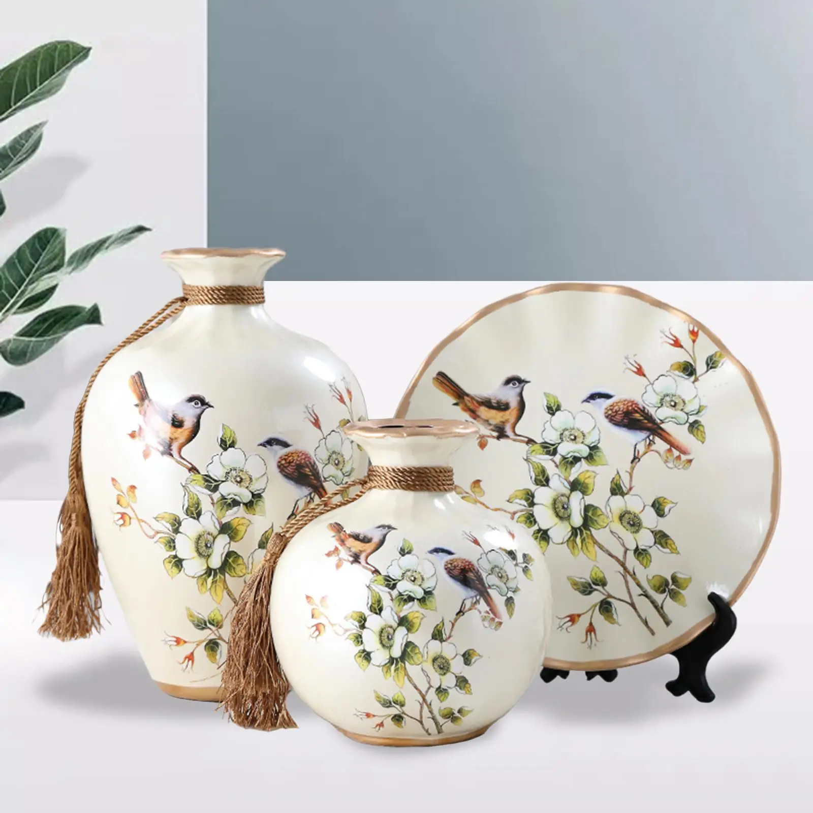 3x Chinese Style Ceramic Vases Bird Pattern Gorgeous Pottery Vase Vase Wobble