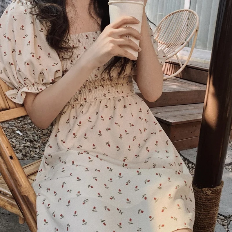 Floral Print  Dr Women's Summer New Sle Elastic Waist Slimming Bubble Sve Square Collar Gingham Skirt