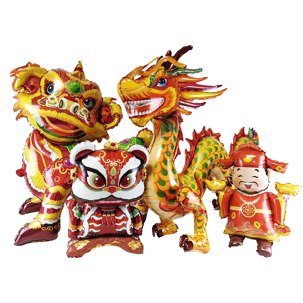 Chinese New Year Theme Standing Balloons Lion Dance God of Wealth Lucky Cat Mascot Spring Festival Supplies Kids Favor Gifts